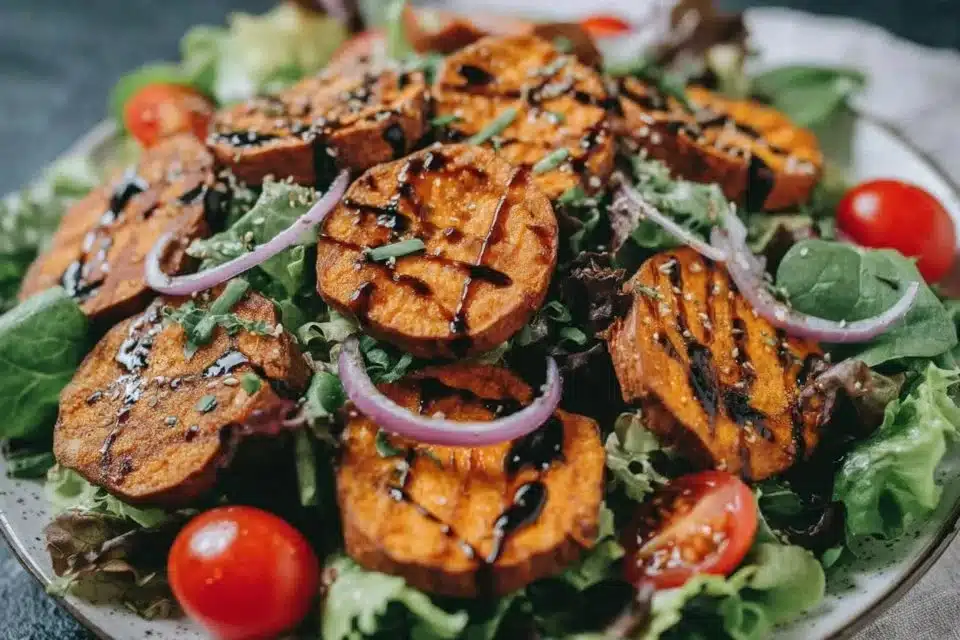Roasted sweet potato salad with lentils, fennel, and lime in a bowl