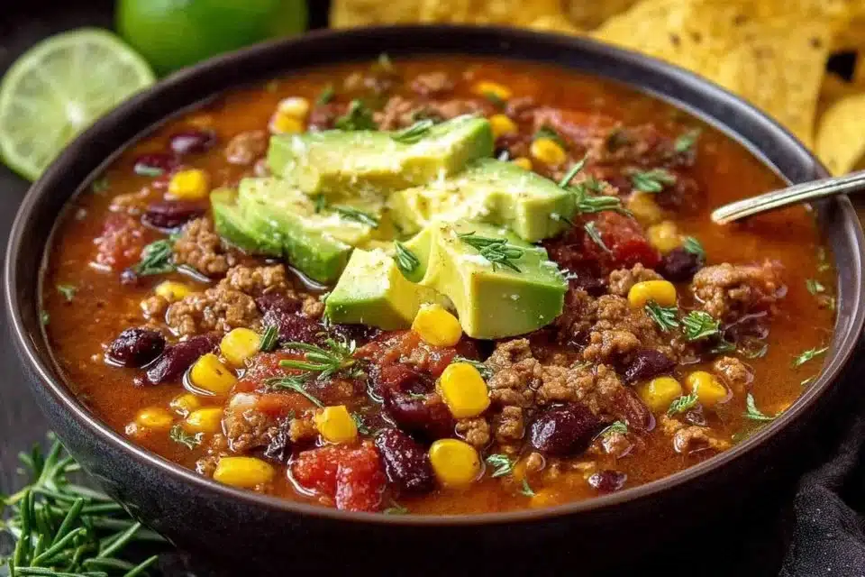 Bowl of Santa Fe Taco Soup garnished with fresh herbs and tortilla chips