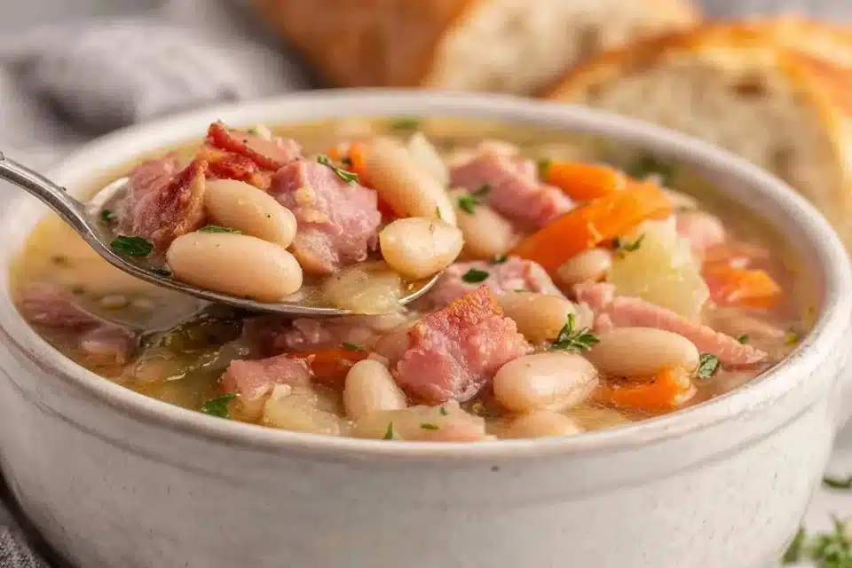 Slow cooker white bean and ham soup in a bowl garnished with herbs