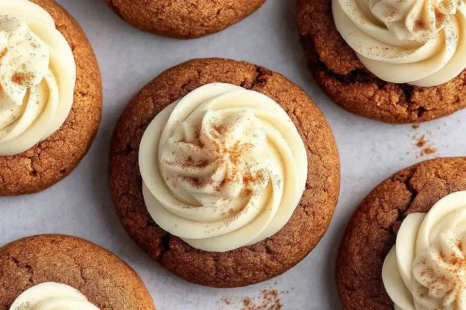 Soft pumpkin cheesecake cookies with creamy frosting on a wooden table