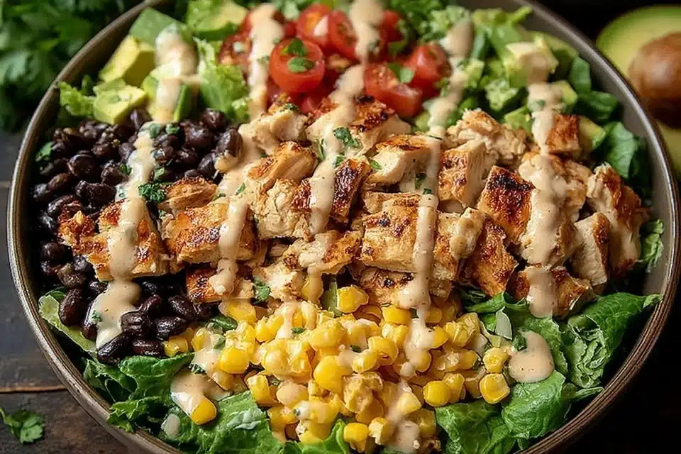 Delicious Southwest Chicken Salad with fresh ingredients and vibrant toppings.