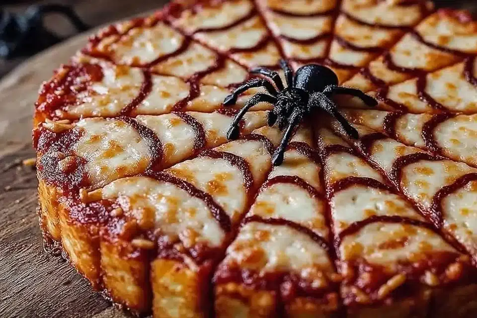Delicious Spider Web Pizza with creative toppings and design