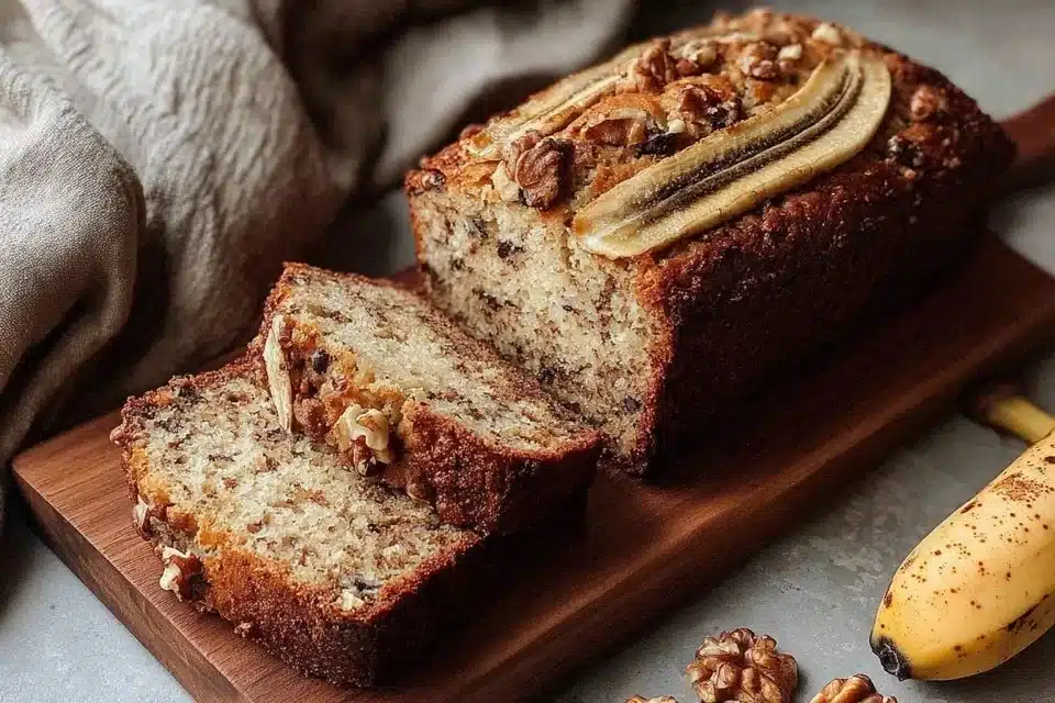 Freshly baked ultimate moist banana bread sliced on a wooden table