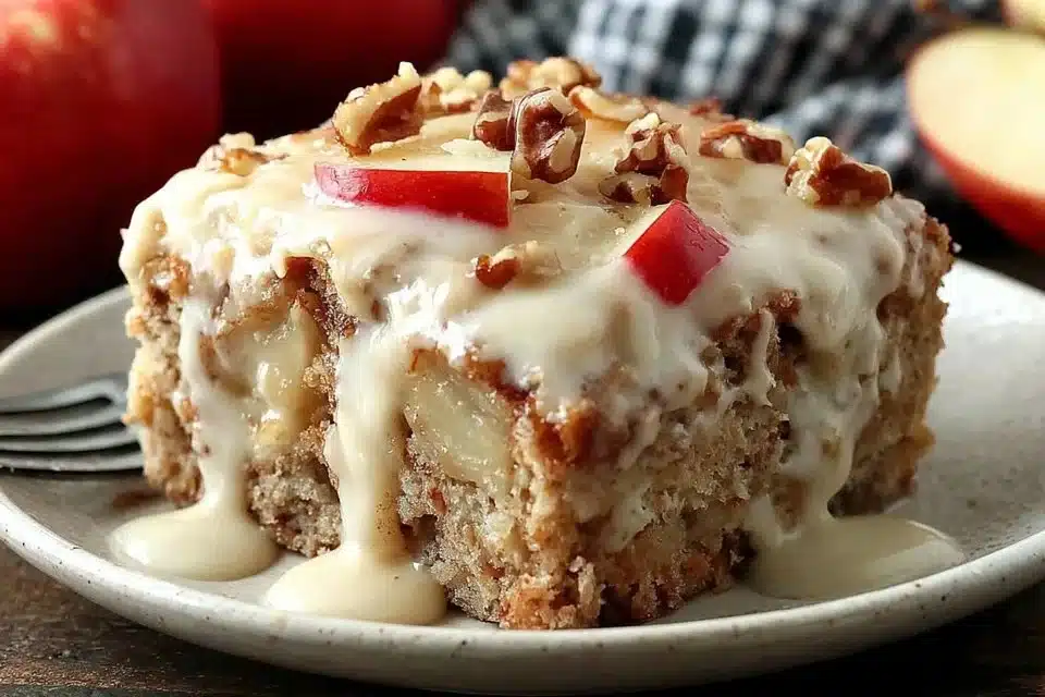 Delicious warm apple oatmeal bake topped with fresh apples and spices