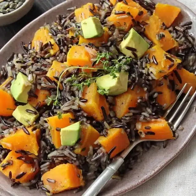 Wild rice and sweet potato sauté dish served in a bowl