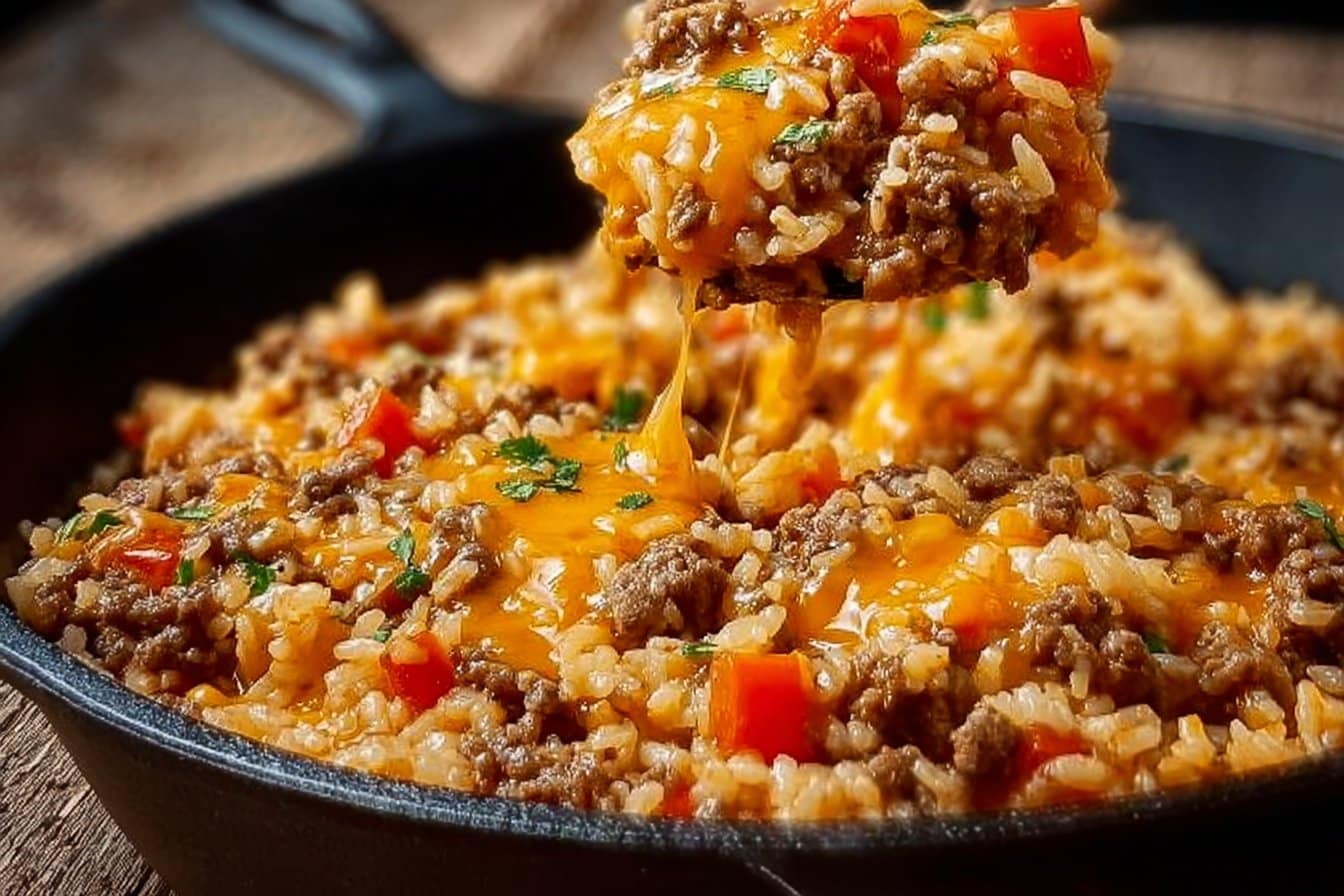 Cheesy Queso Beef & Rice Skillet Dinner