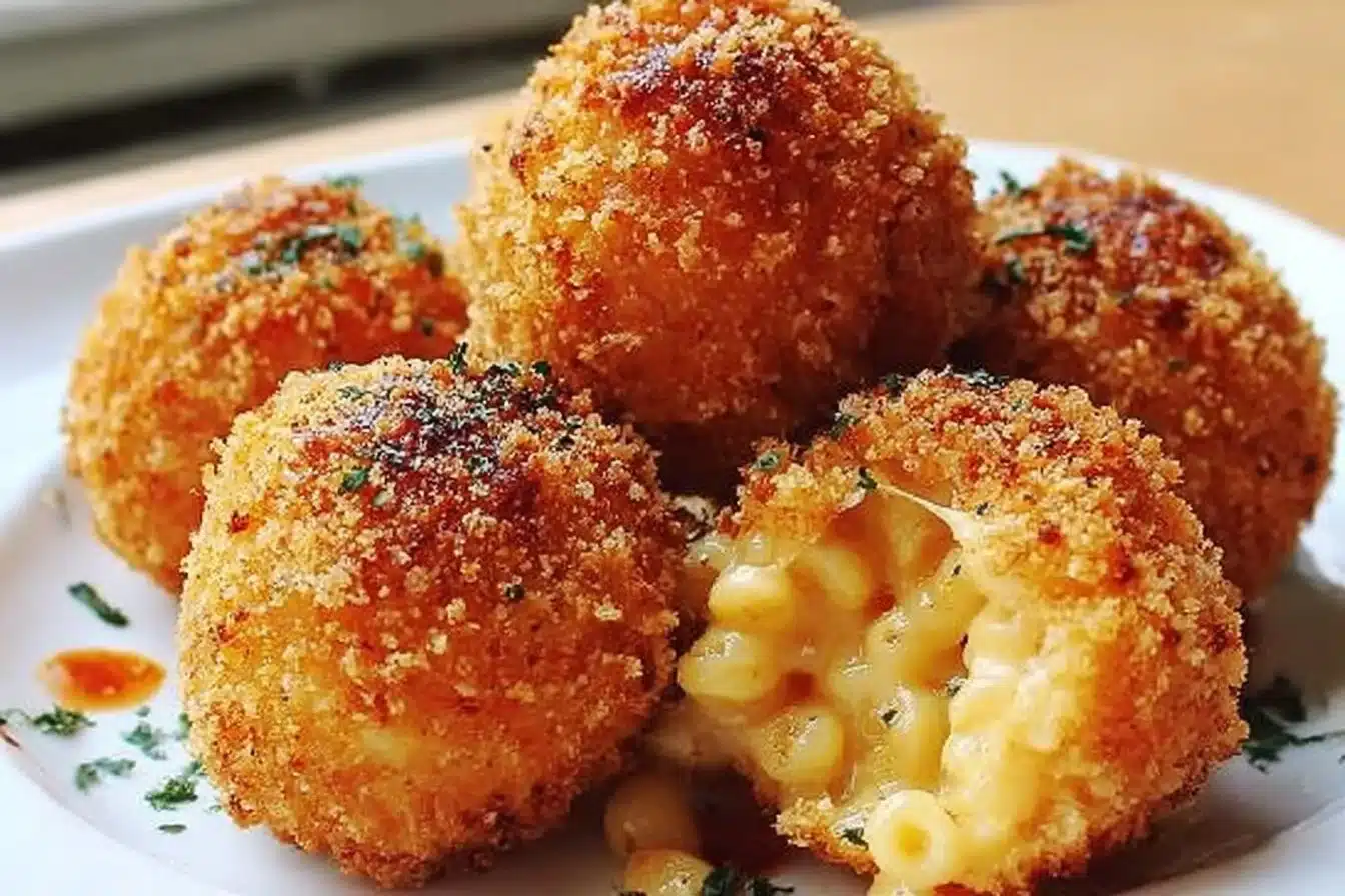 Air Fryer Fried Mac & Cheese Balls served on a plate.