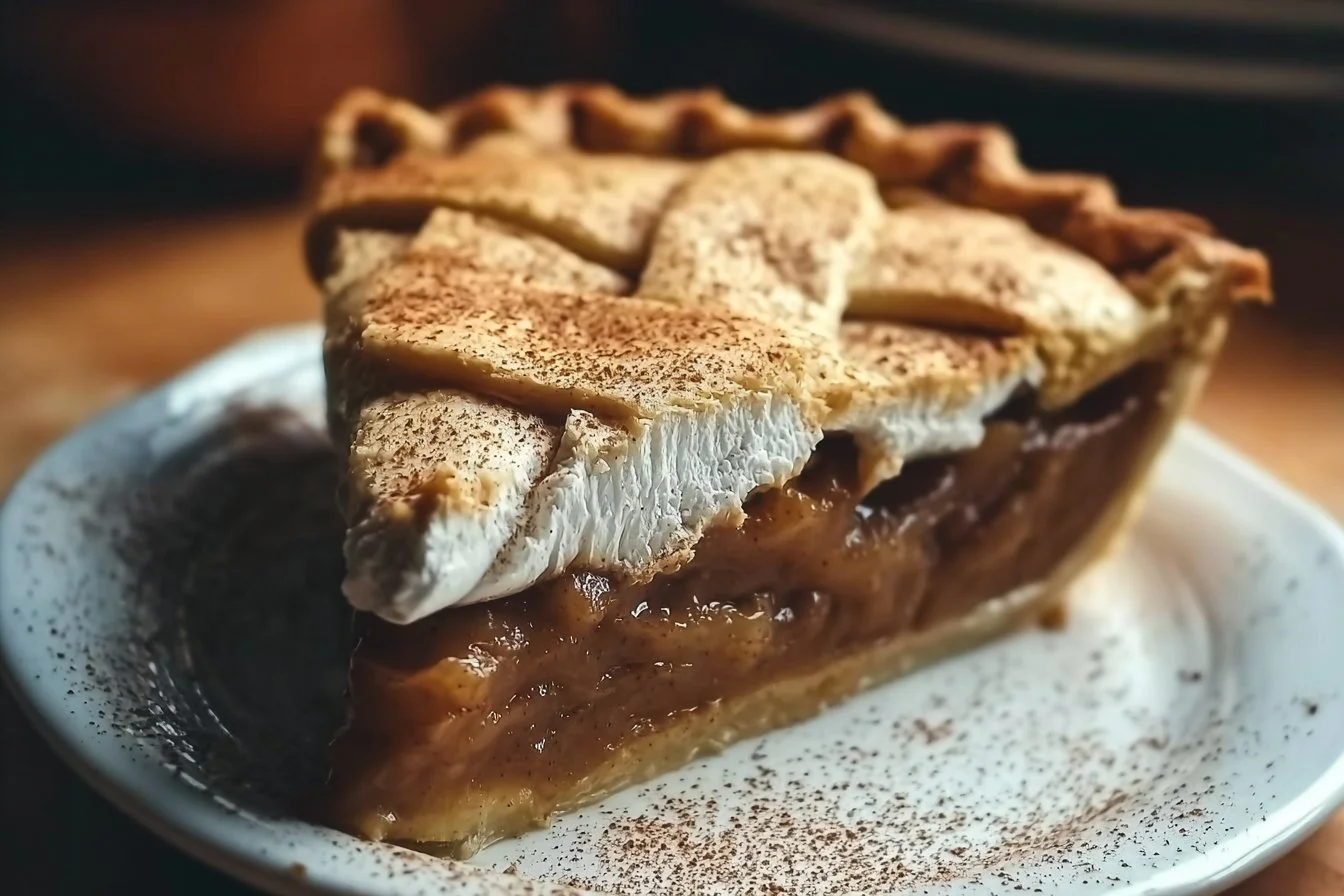 Apple Butter Pie 3 Delicious slice of apple butter pie on a plate with cinnamon garnish.