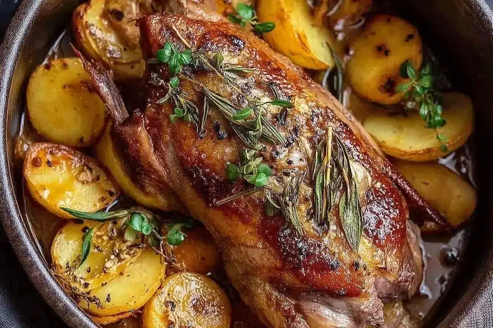 Delicious apple cider braised pork shoulder served with fresh herbs.