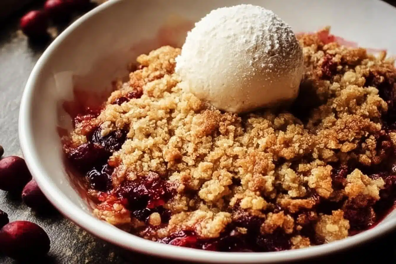 Delicious Apple Cranberry Crisp topped with crunchy oat crumble