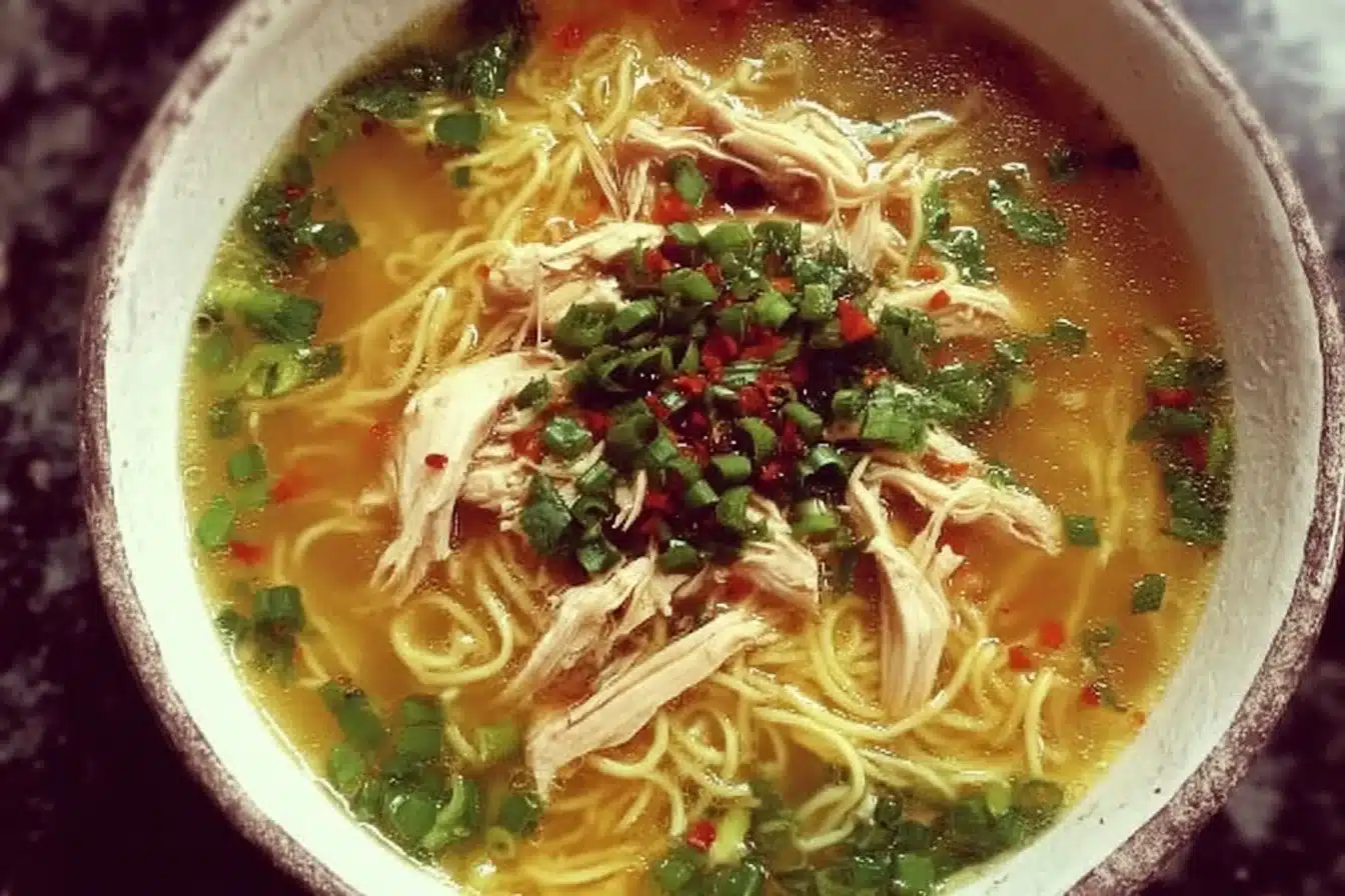 Aromatic Ginger Garlic Chicken Noodle Soup 3 A bowl of aromatic Ginger Garlic Chicken Noodle Soup garnished with herbs.