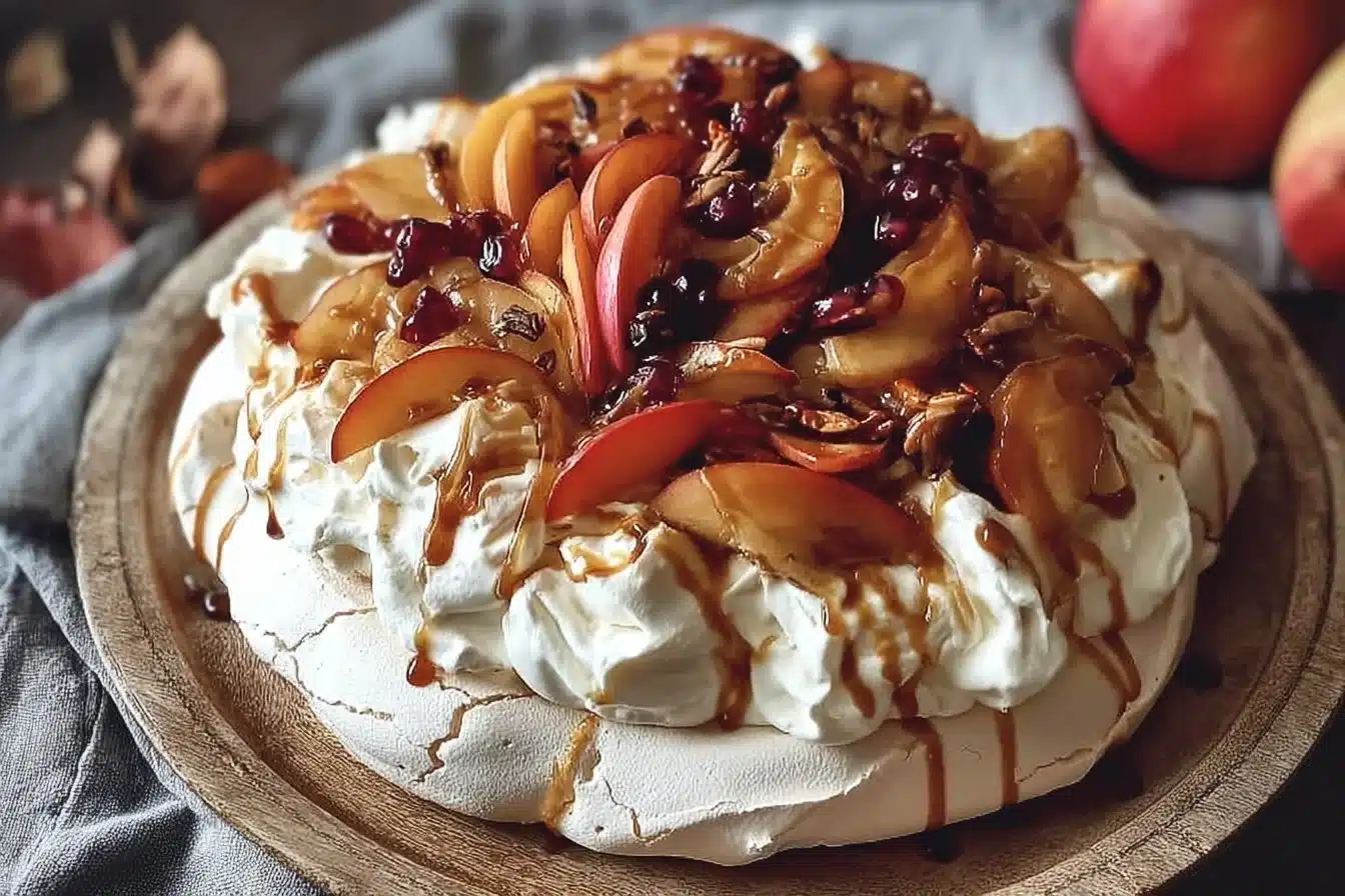 Delicious Autumn Pavlova dessert with seasonal flavors of fall fruits and spices