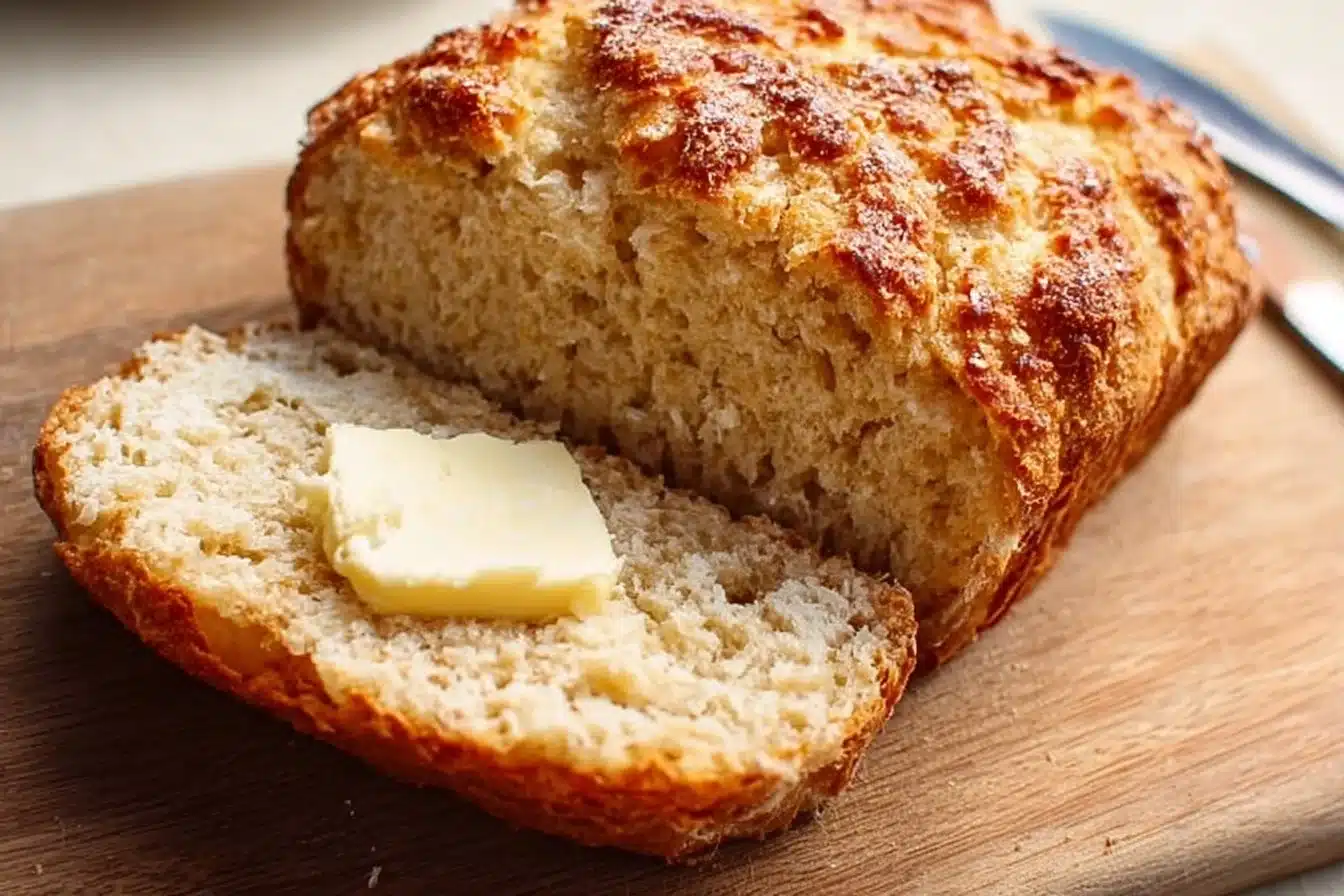 Loaf of freshly baked beer bread on a wooden cutting board