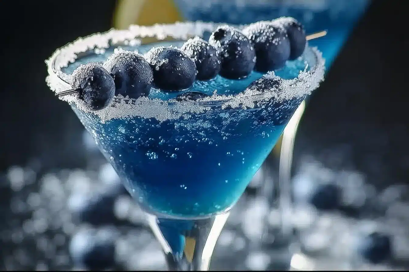 Blueberry Snow Martini with a frosty appearance showcasing blueberries and ice