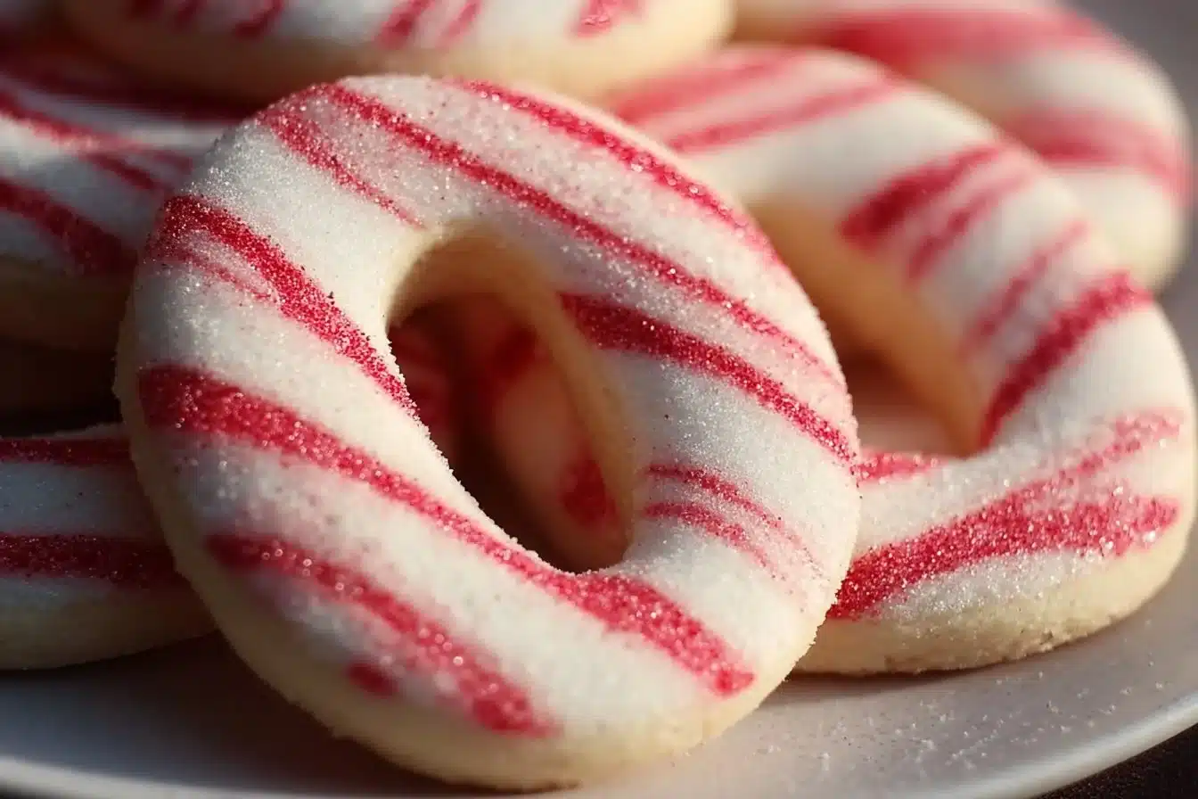 Candy Cane Cookies 3 Freshly baked Candy Cane Cookies decorated with red and white stripes