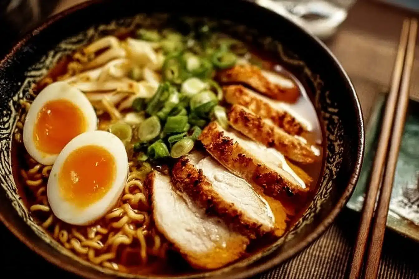 Chicken Ramen 3 Bowl of delicious Chicken Ramen topped with fresh herbs and vegetables
