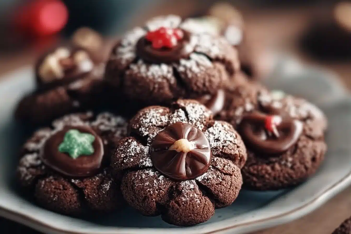 Chocolate Blossom Christmas Cookies on a festive plate