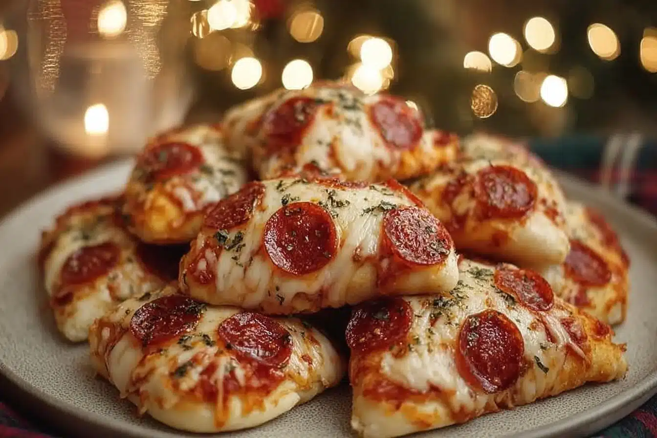 Christmas Pizza Bites 2 Plate of festive Christmas pizza bites topped with ingredients and herbs.