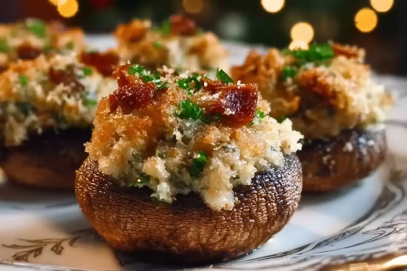 Christmas Stuffed Mushrooms 2 Delicious Christmas stuffed mushrooms served on a festive platter