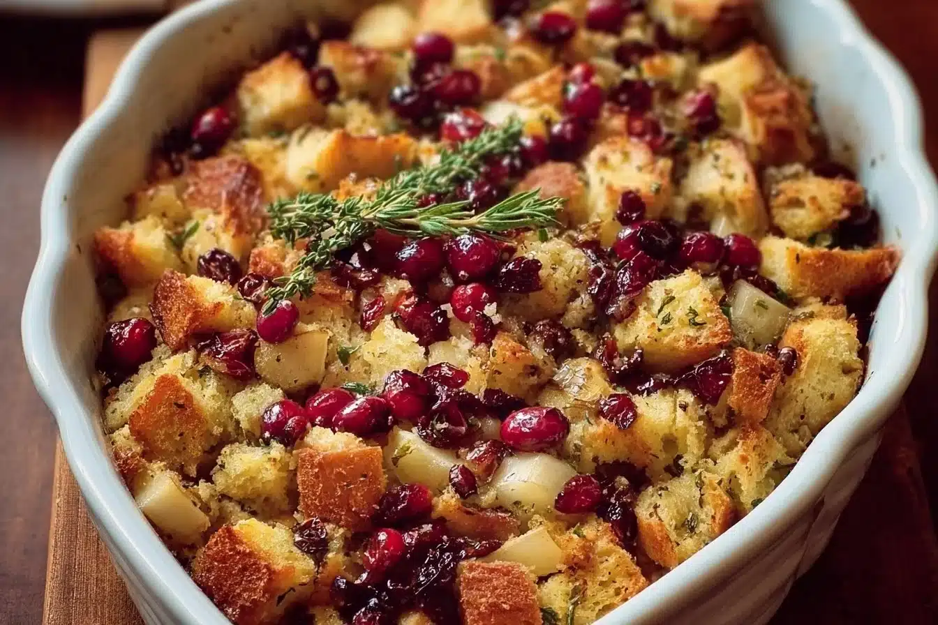 Bowl of delicious cranberry apple stuffing ready for a festive meal
