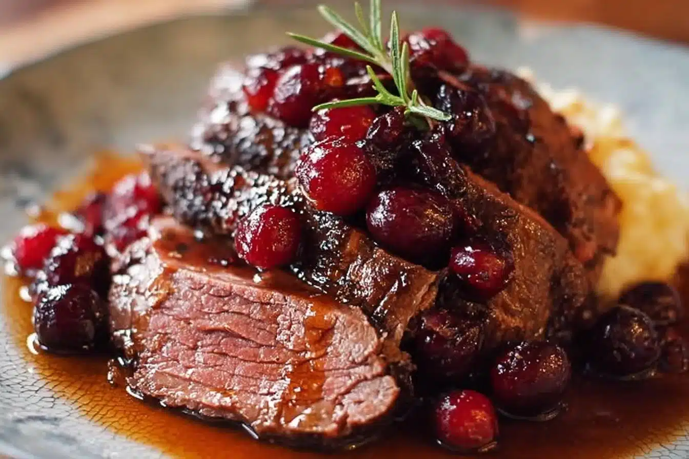 Cranberry-Balsamic Roast Beef 3 Cranberry-Balsamic Roast Beef served with side dishes on a wooden table.
