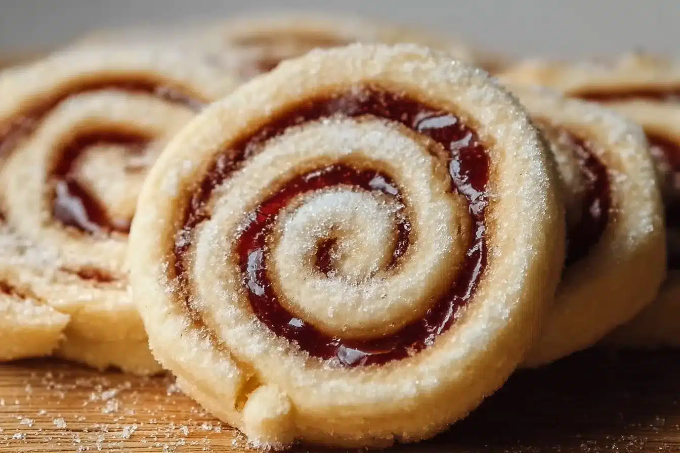 Cream Cheese Jam Pinwheel Cookies 2 Delicious Cream Cheese Jam Pinwheel Cookies on a platter.