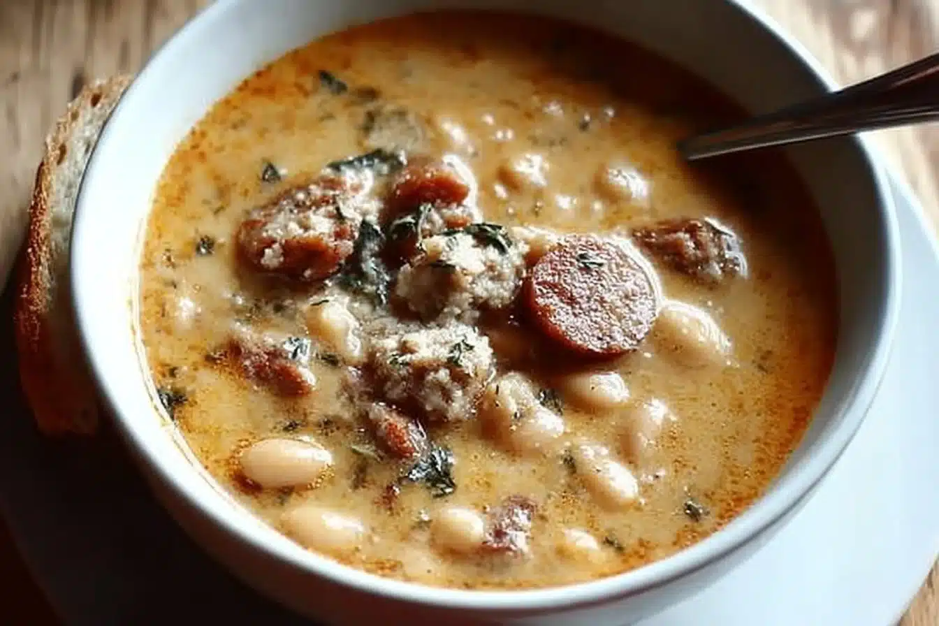 Creamy Bean Soup with Sausage 3 Creamy bean soup with sausage in a bowl, garnished with herbs.