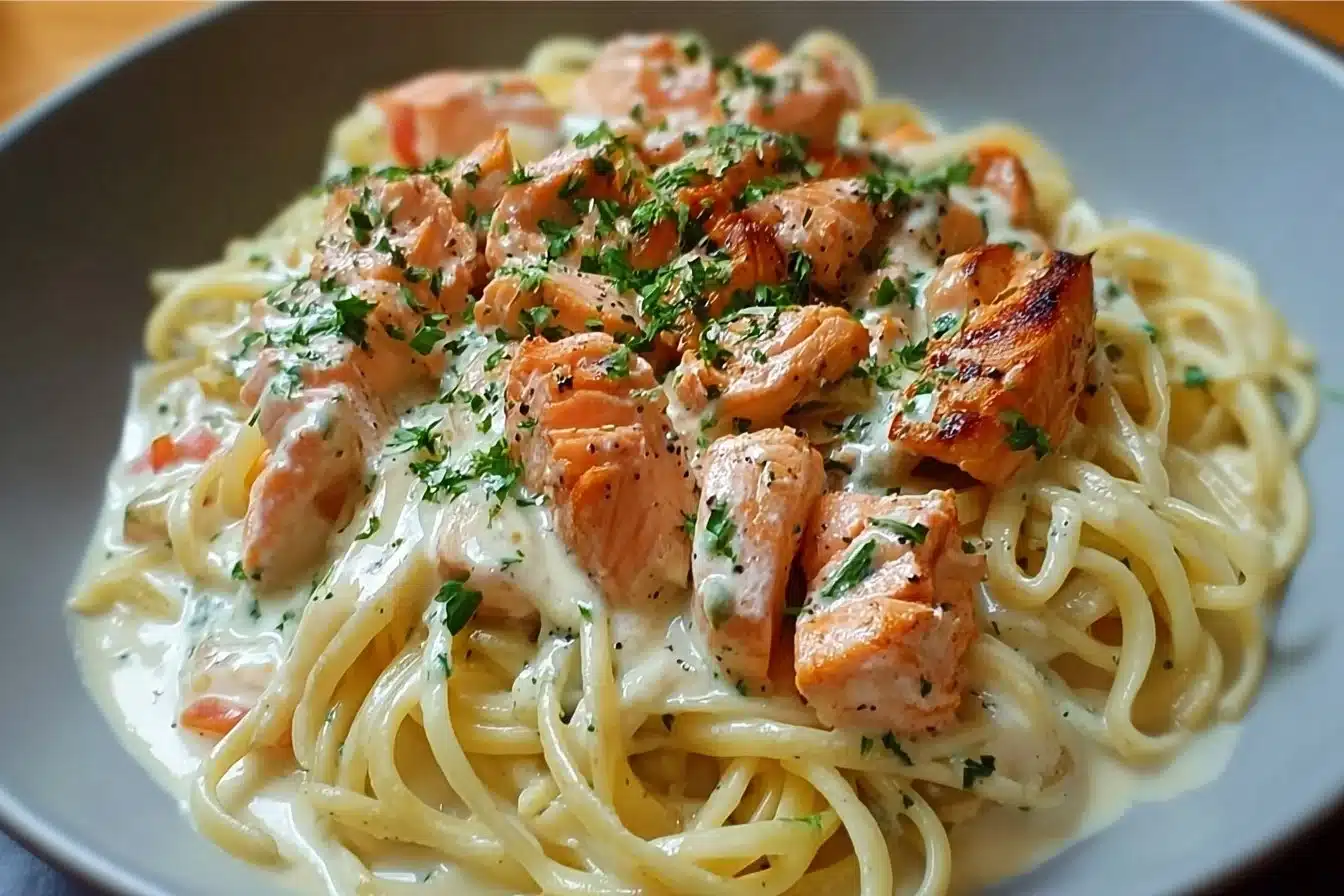 Creamy Garlic Salmon Pasta 3 Delicious creamy garlic salmon pasta dish with herbs and parmesan