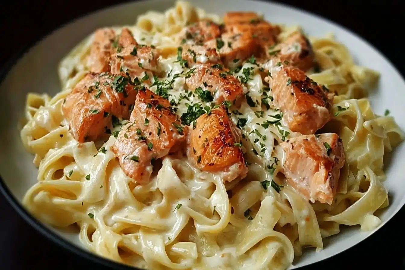 Creamy garlic salmon pasta served on a plate with herbs and lemon garnishing.