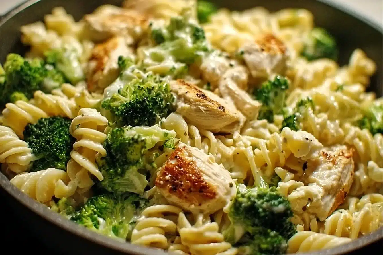 Creamy Rotisserie Chicken Broccoli Pasta 3 Creamy rotisserie chicken pasta with broccoli in a bowl, ready to serve.