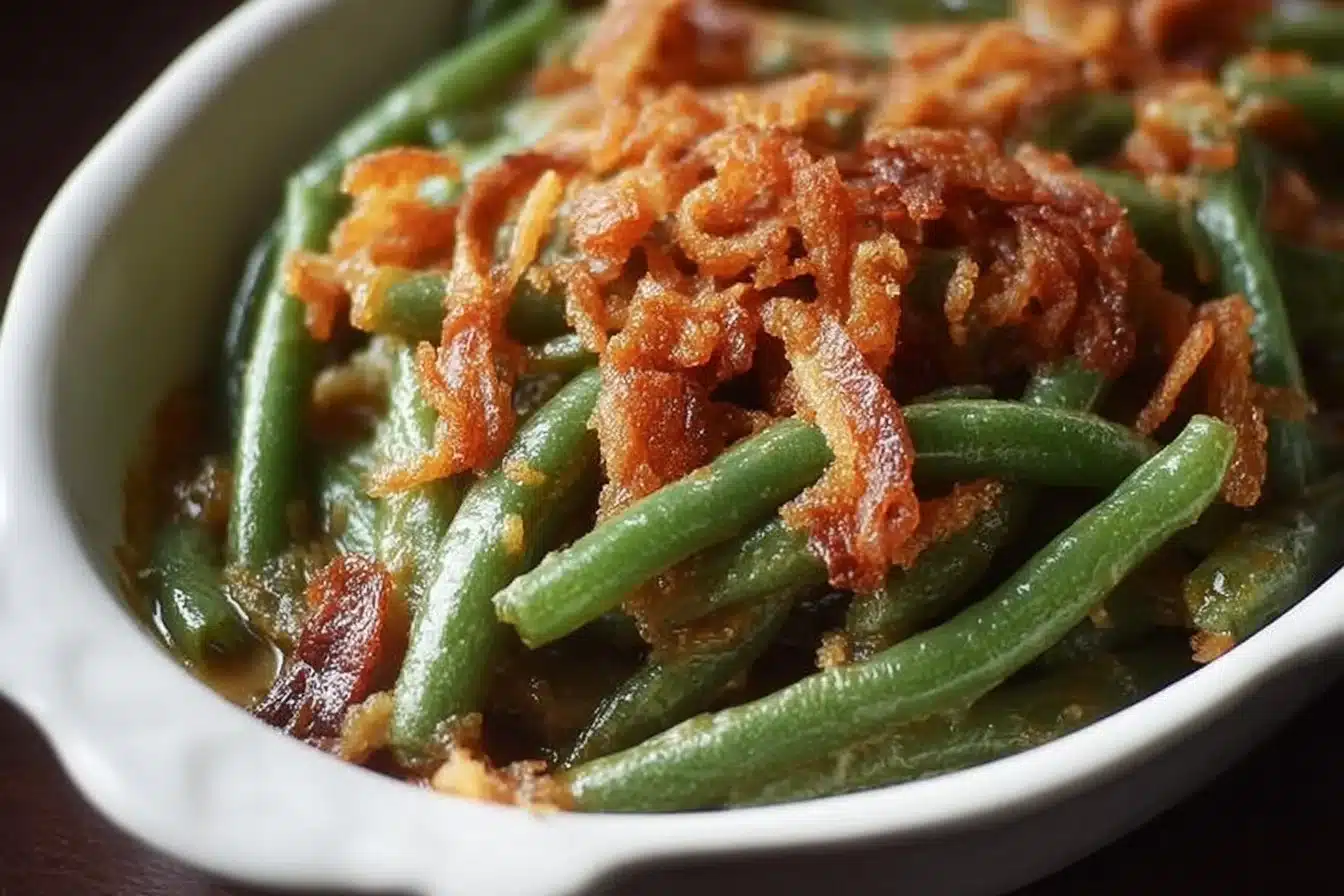 Crispy 'Crack' Green Bean Casserole for Thanksgiving 3 Crispy 'Crack' Green Bean Casserole topped with crunchy onions for Thanksgiving