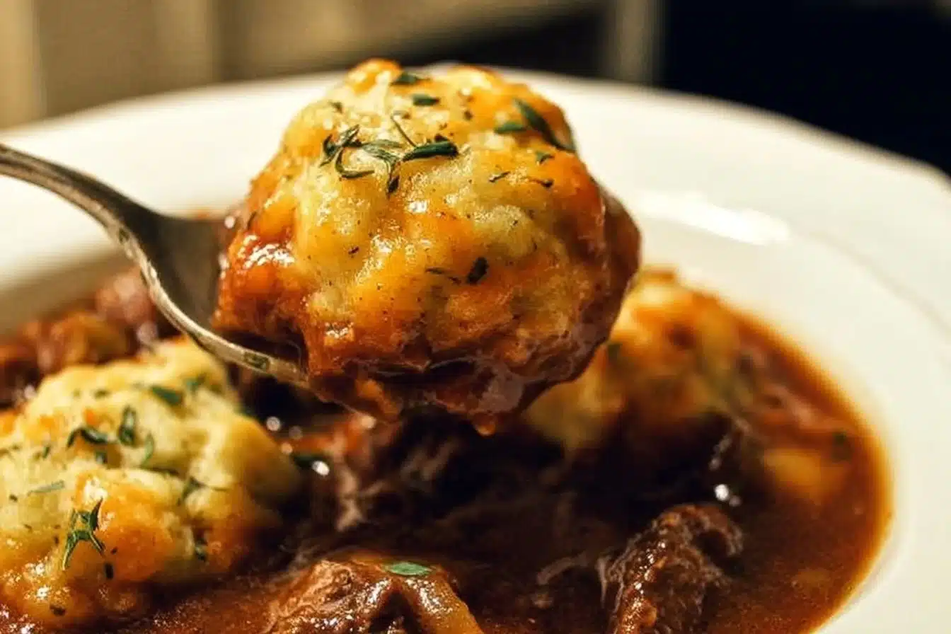Crockpot Beef Stew and Dumplings 2 A delicious bowl of Crockpot beef stew and dumplings garnished with herbs