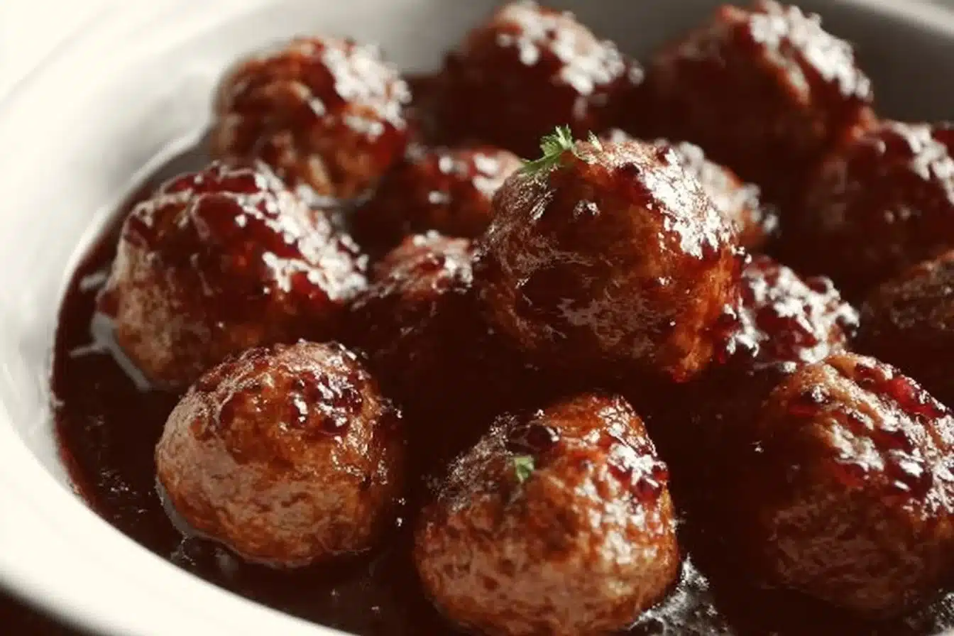 Crockpot meatballs with grape jelly served in a bowl