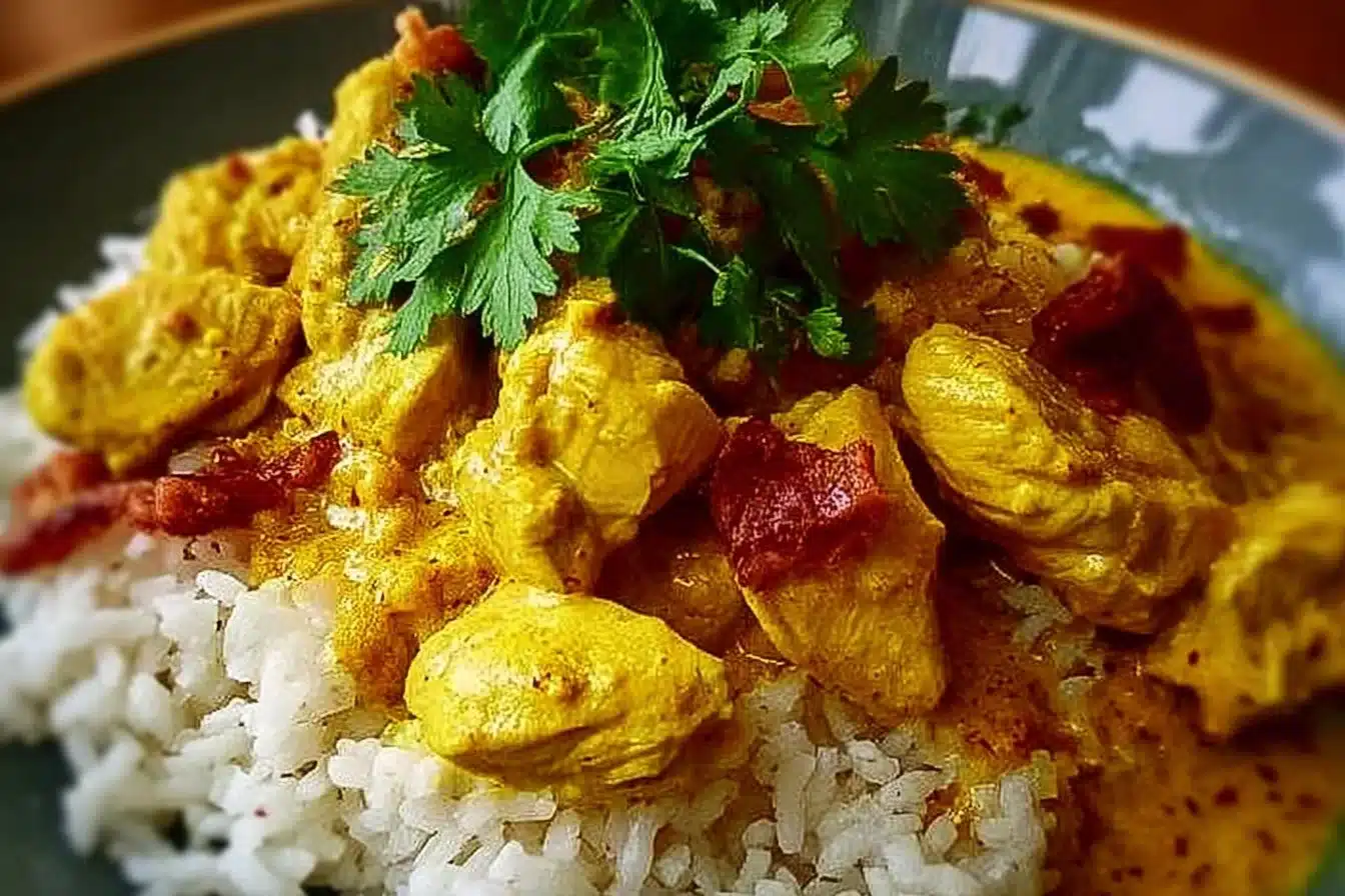Curried coconut chicken served with rice, garnished with herbs and spices.
