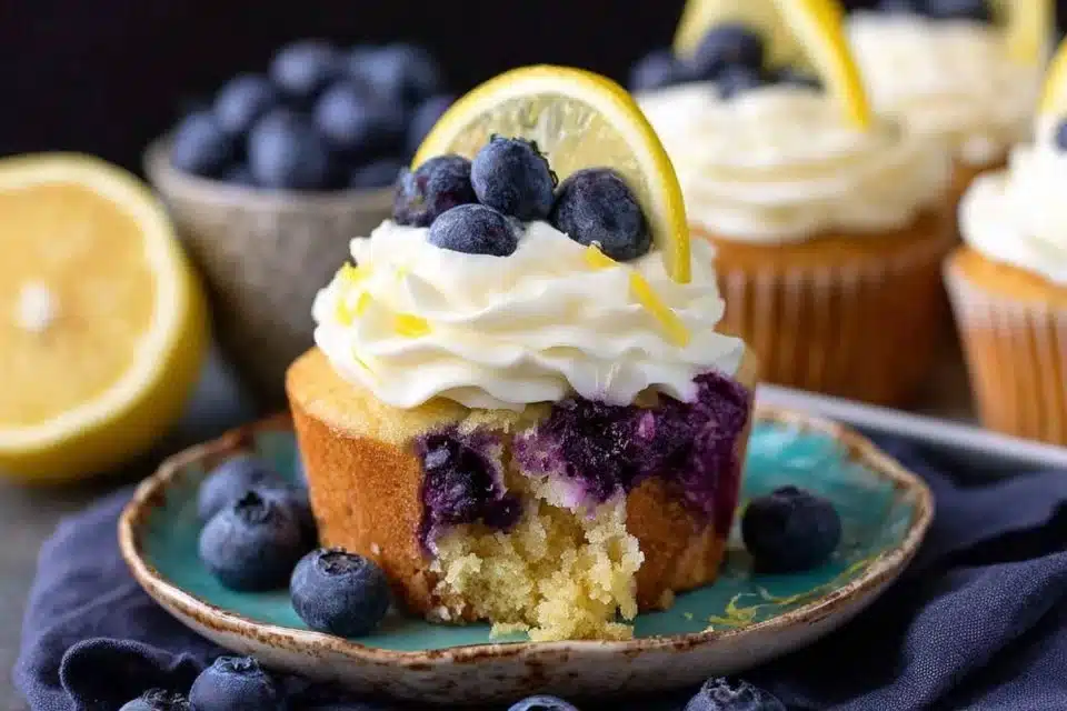 Delicious Blueberry Lemon Cupcakes 2 Delicious blueberry lemon cupcakes decorated with fresh blueberries and lemon zest.