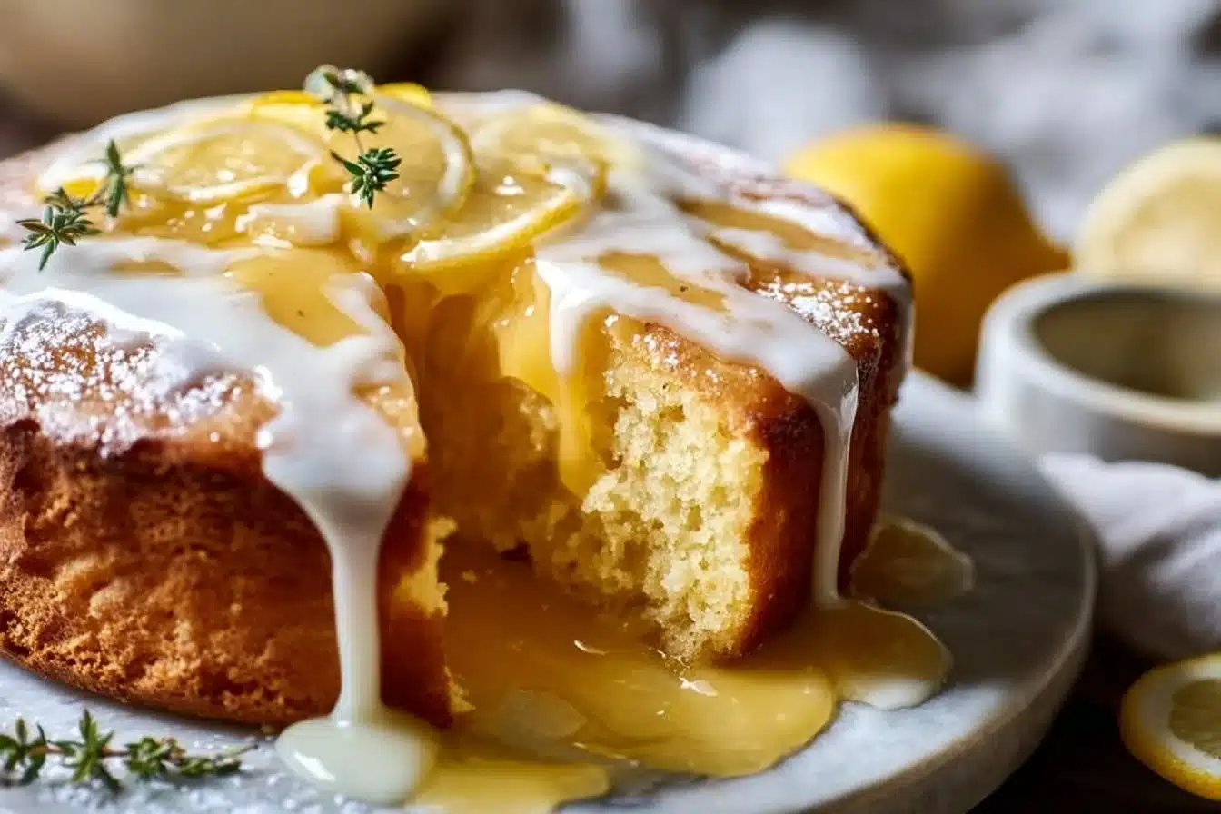 Delicious lemon curd cake topped with fresh fruit and a dusting of powdered sugar