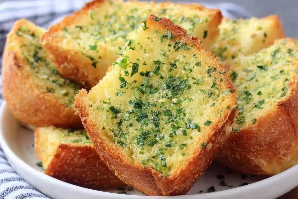 Delicious easy garlic bread with a golden crust and herb topping.