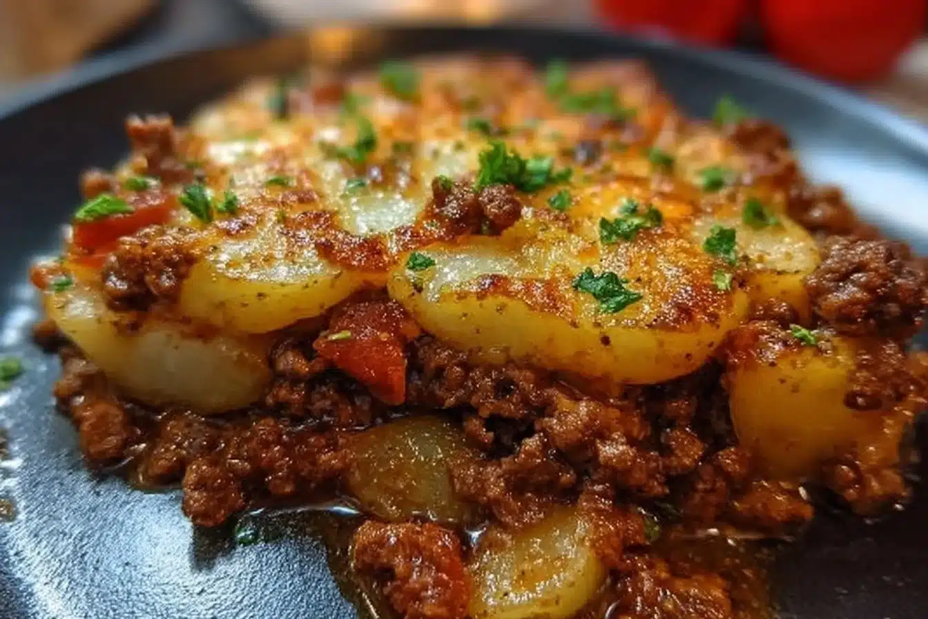 Easy Ground Beef Potato Recipe 3 Delicious easy ground beef potato dish served on a plate