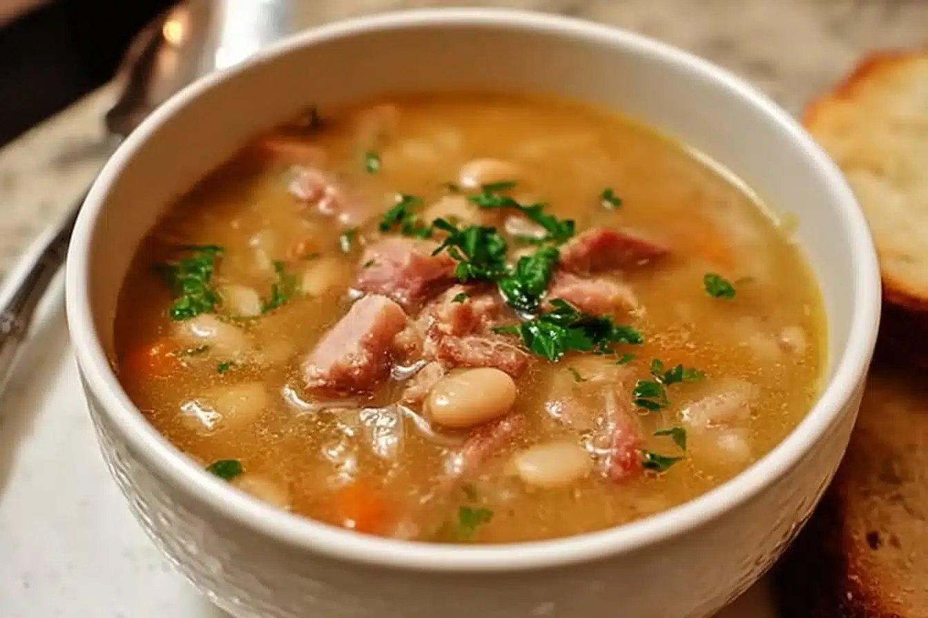 Easy Ham-Bone Bean Soup 3 Bowl of easy ham-bone bean soup garnished with herbs