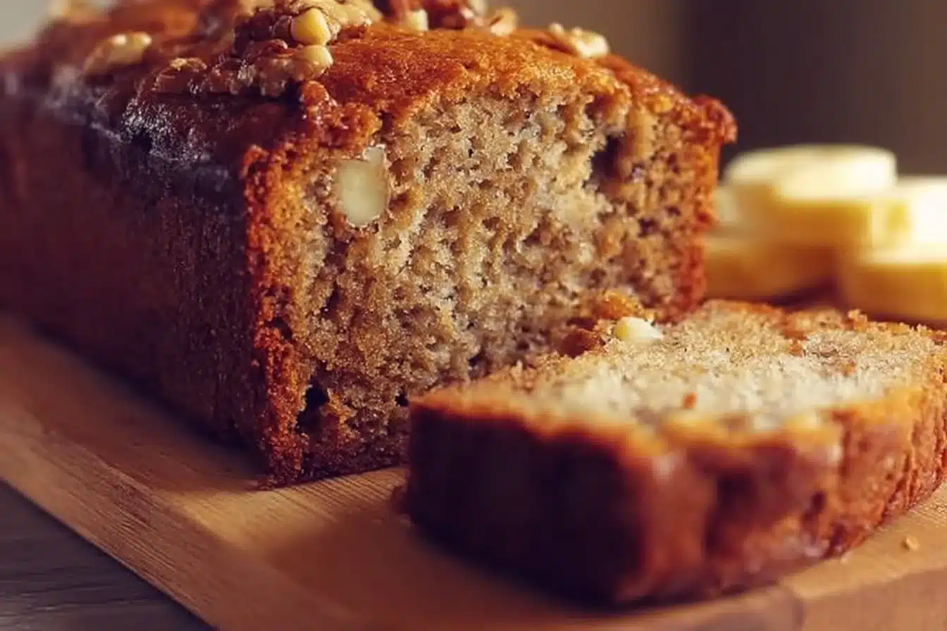 Slice of extreme banana nut bread topped with walnuts and banana slices
