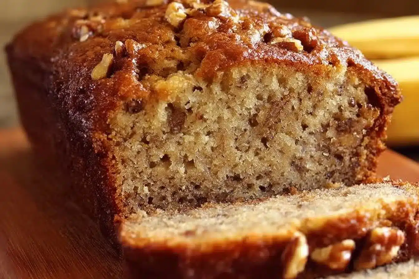Extreme Banana Nut Bread — Extra Moist & Nutty 3 A slice of extreme banana nut bread, moist and nutty, on a wooden cutting board.