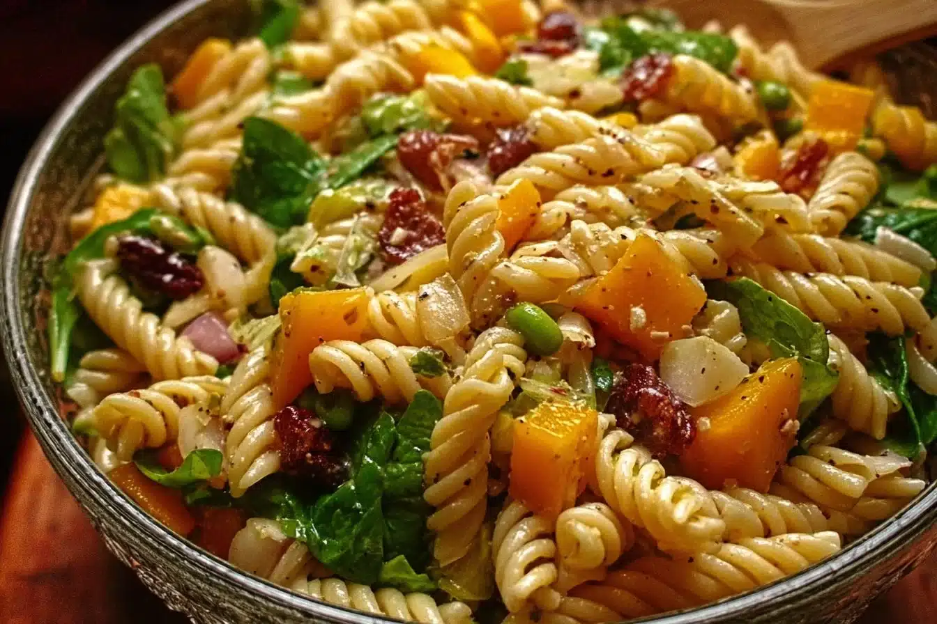 Fall Harvest Pasta Salad 2 Fall Harvest Pasta Salad with seasonal vegetables and pasta in a bowl