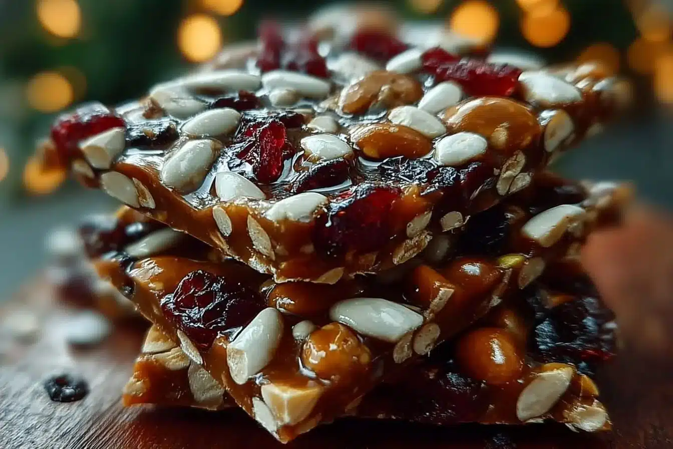 Homemade festive winter brittle with nuts and spices in a decorative tin