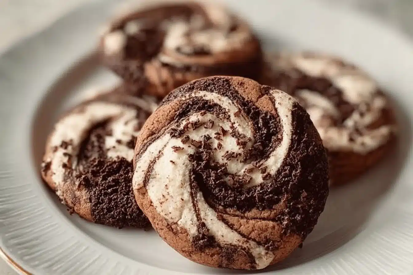 Gooey chocolate marshmallow swirl cookies on a plate