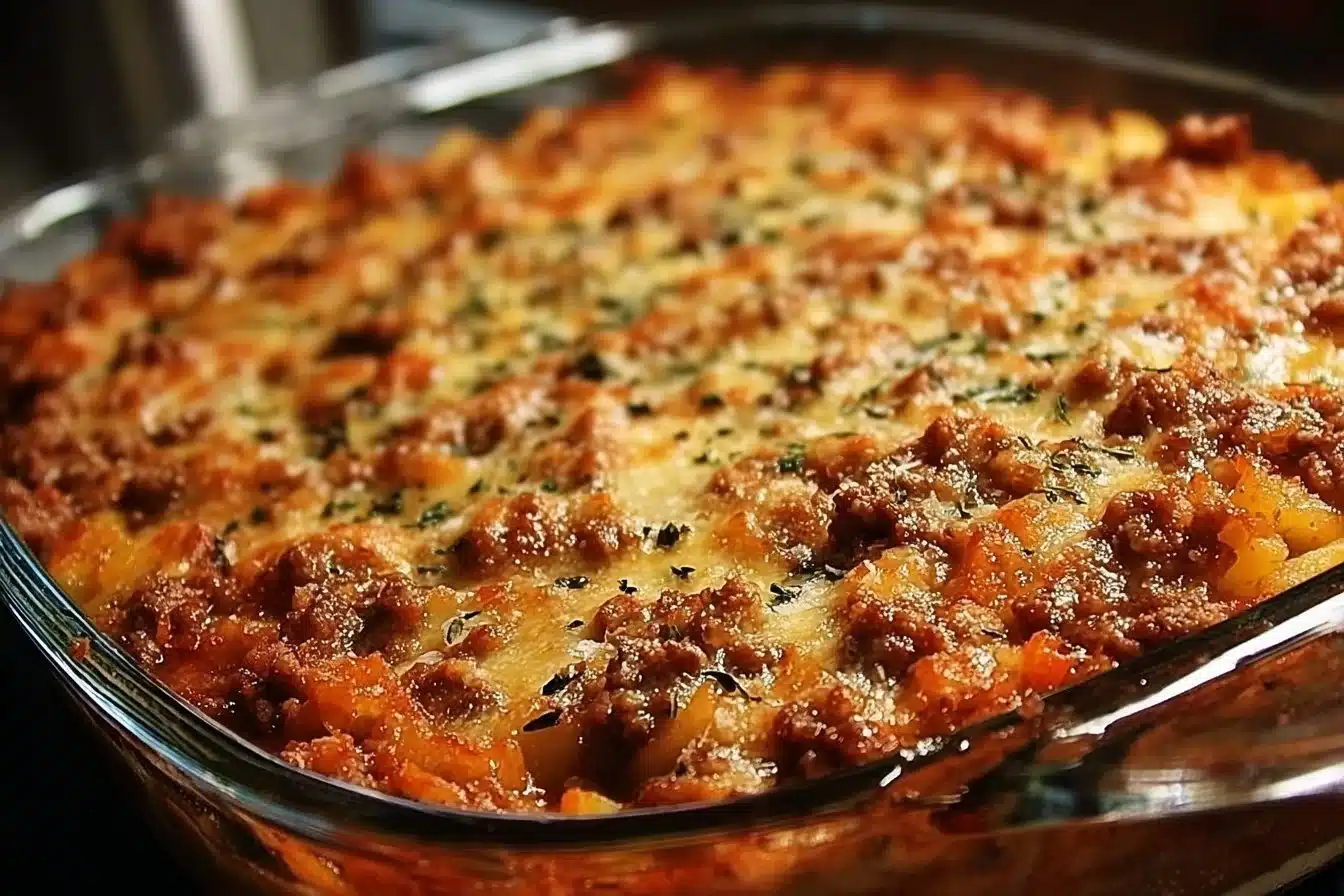 Ground Beef Casserole 3 Delicious homemade ground beef casserole topped with cheese and served hot.
