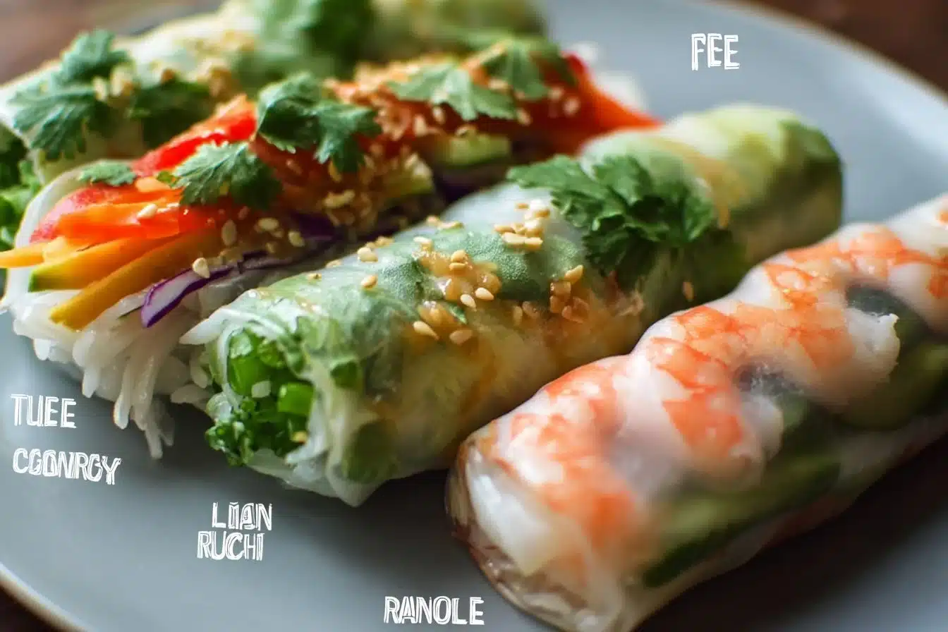 Healthy & Delicious Rice Paper Rolls 3 Healthy rice paper rolls filled with vegetables and herbs on a wooden plate