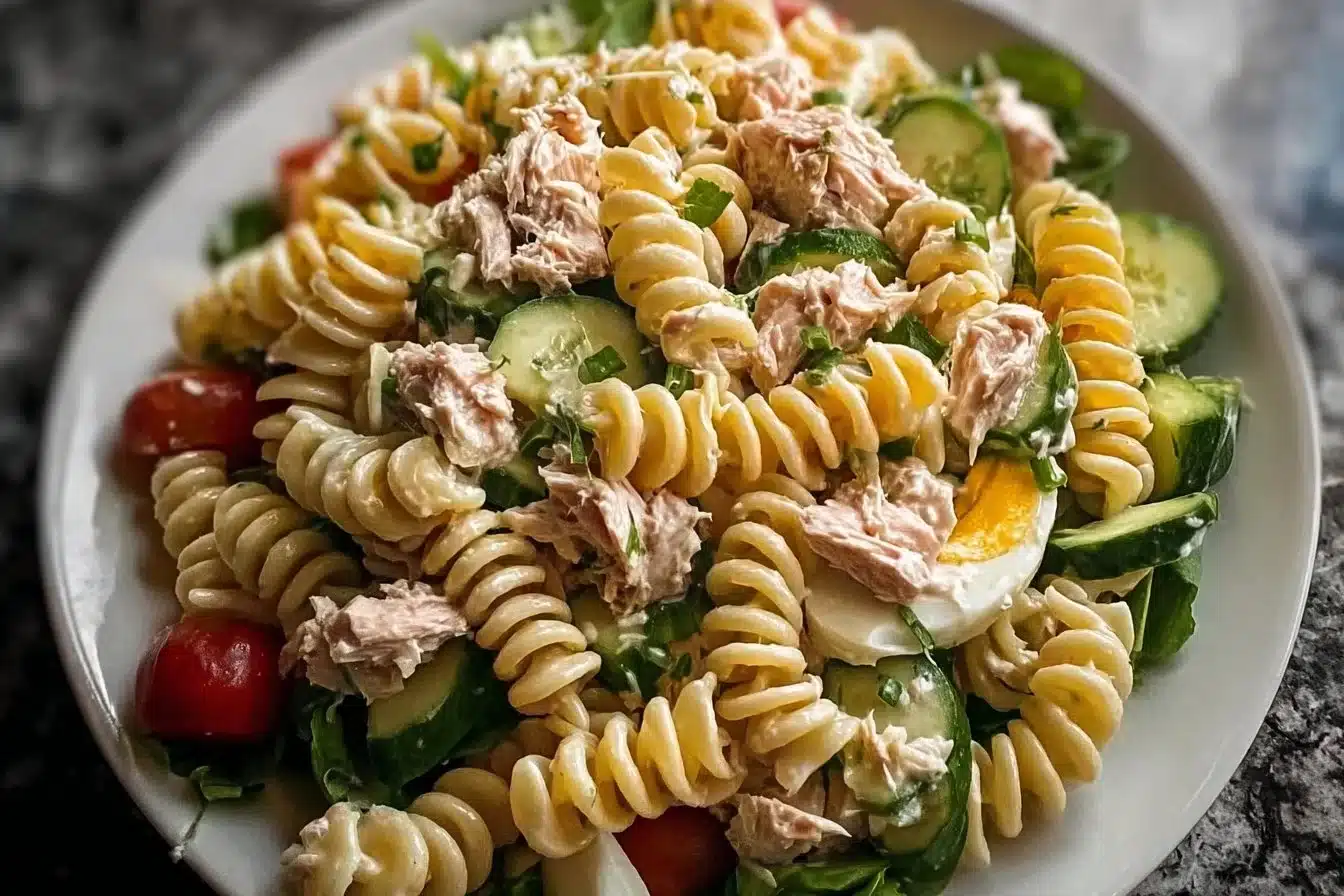 High-Protein Tuna Pasta Salad 3 High-protein tuna pasta salad with fresh vegetables and dressing