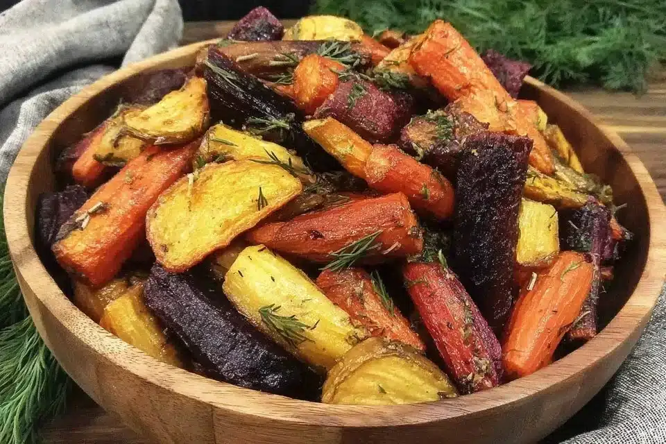 The Best Honey Roasted Root Vegetables That Will Warm Your Heart 3 Plate of honey roasted root vegetables featuring carrots, parsnips, and beets.