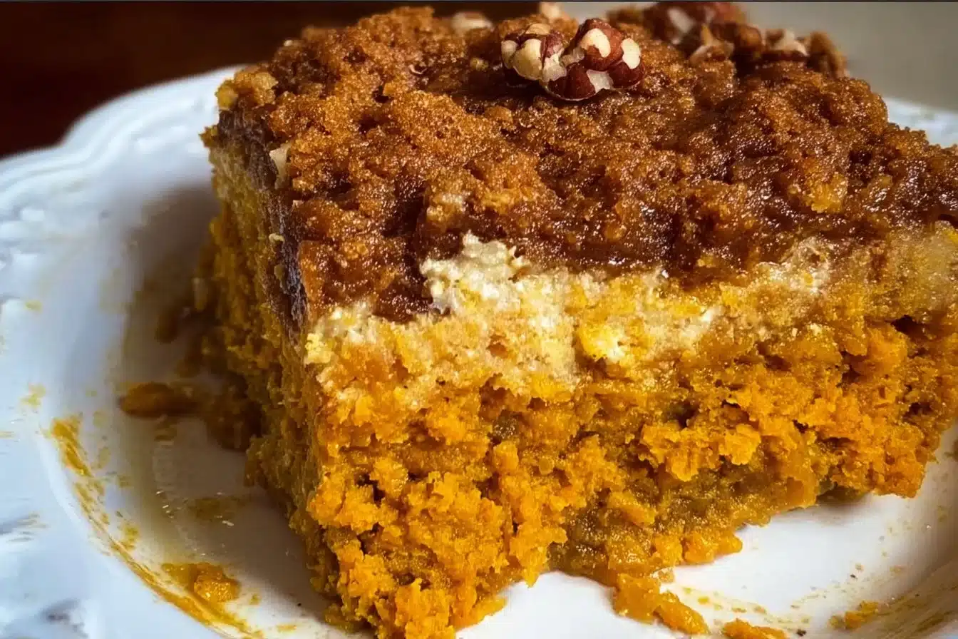 Delicious layered pumpkin dump cake with creamy pumpkin and cake layers.