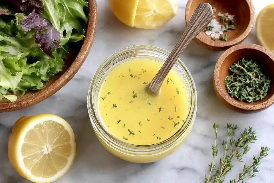 Homemade lemon salad dressing in a glass jar with fresh lemons